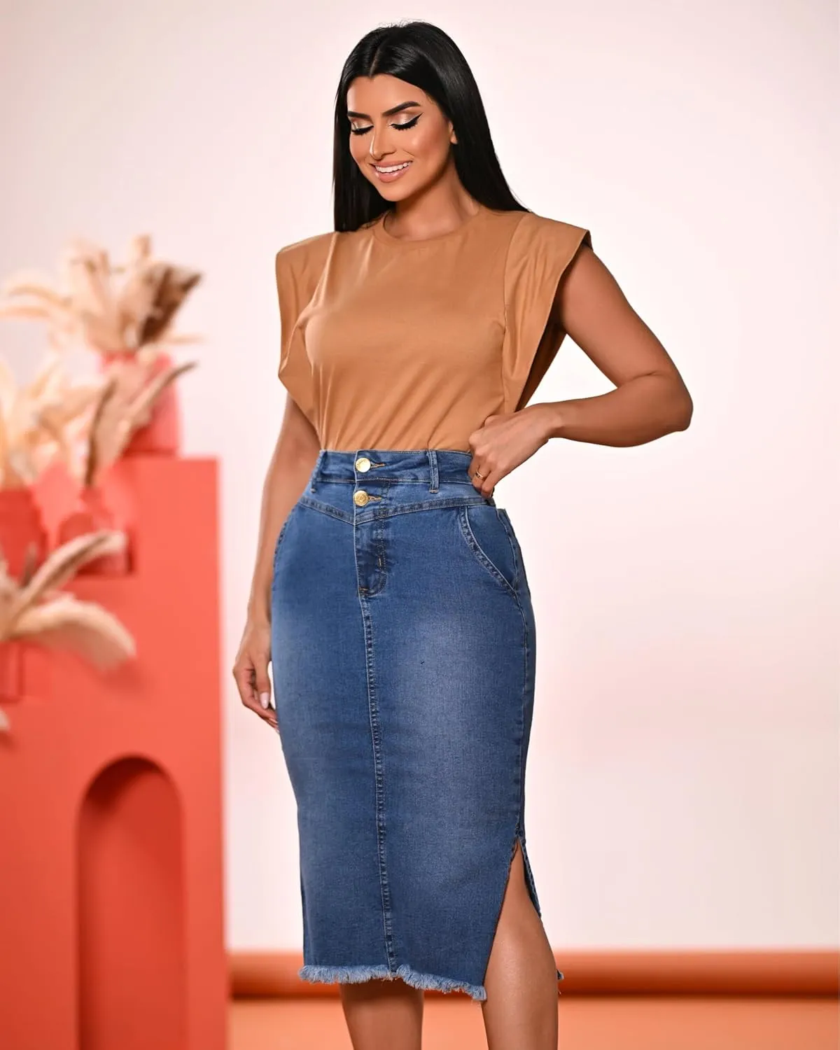 Denim Premium Stretch Skirt Midi High-Waist and Bellow The Knee with Front or Side Slit Regular and Plus Size