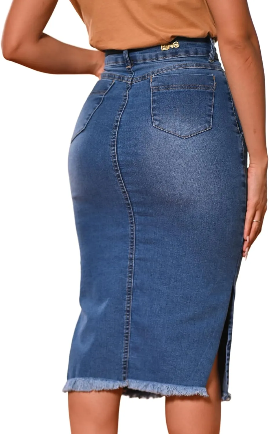 Denim Premium Stretch Skirt Midi High-Waist and Bellow The Knee with Front or Side Slit Regular and Plus Size