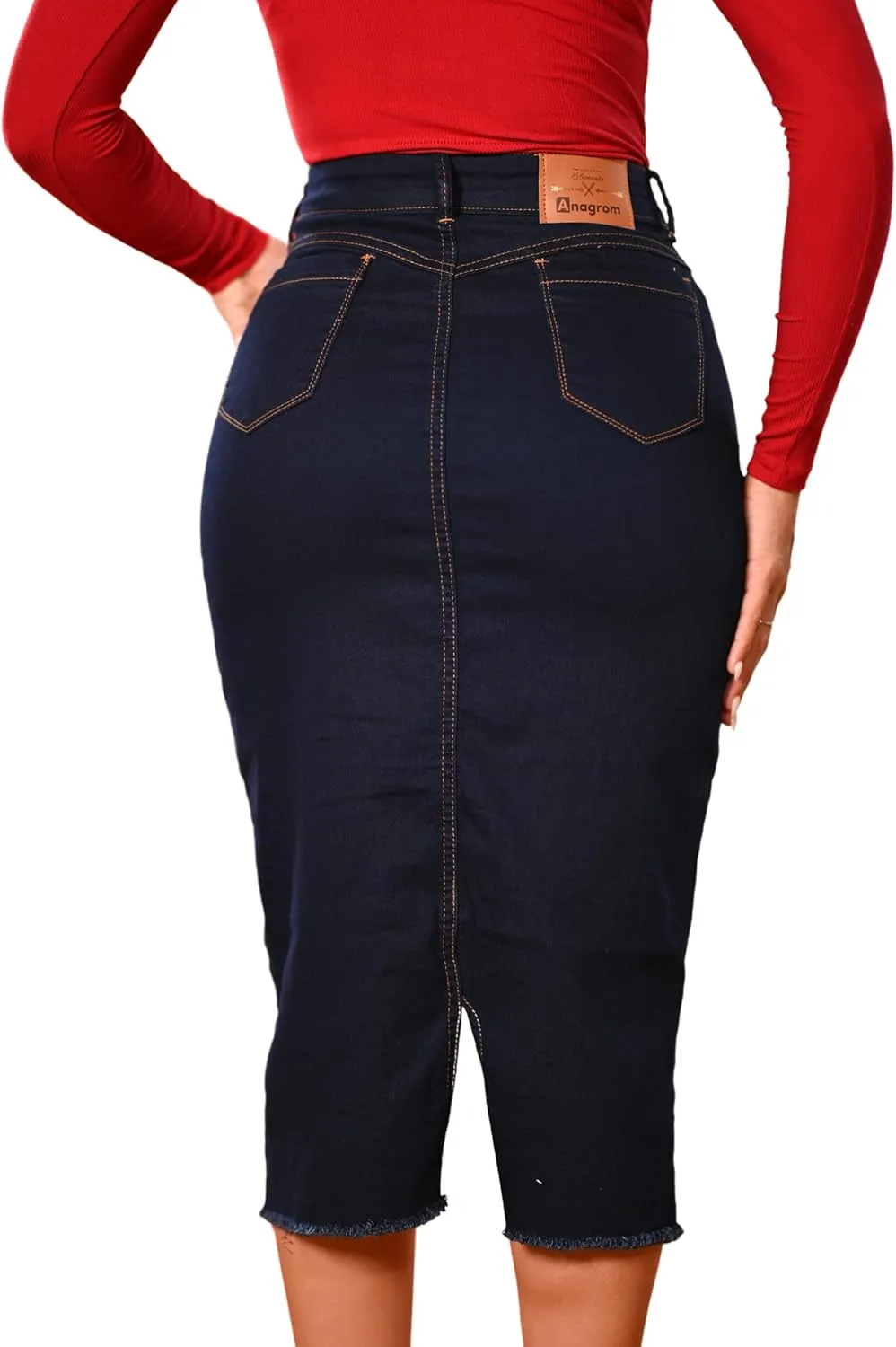 Denim Premium Stretch Skirt Midi High-Waist and Bellow The Knee with Front or Side Slit Regular and Plus Size
