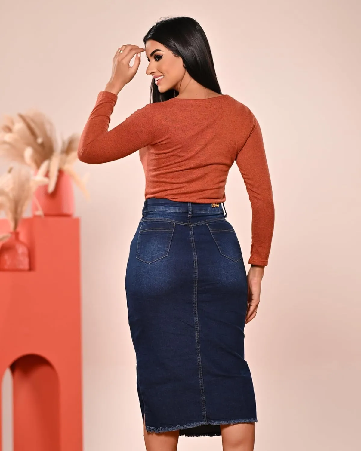Denim Premium Stretch Skirt Midi High-Waist and Bellow The Knee with Front or Side Slit Regular and Plus Size