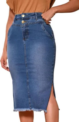 Denim Premium Stretch Skirt Midi High-Waist and Bellow The Knee with Front or Side Slit Regular and Plus Size