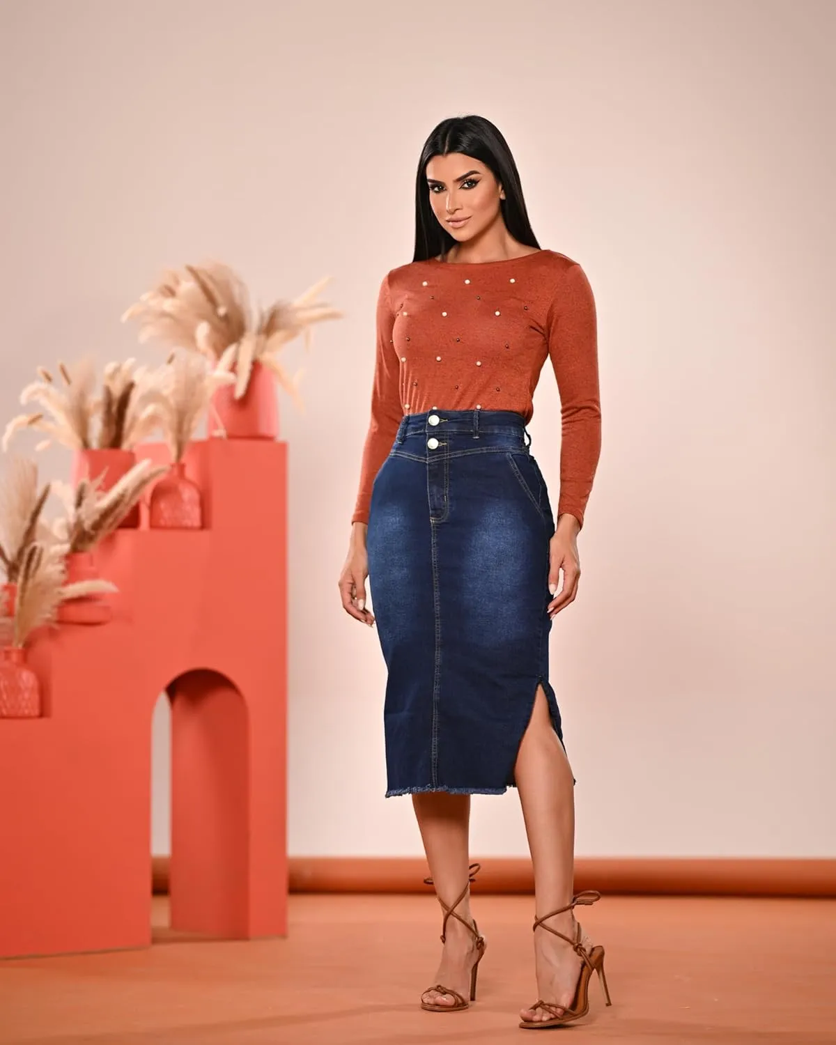 Denim Premium Stretch Skirt Midi High-Waist and Bellow The Knee with Front or Side Slit Regular and Plus Size