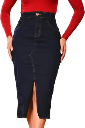 Denim Premium Stretch Skirt Midi High-Waist and Bellow The Knee with Front or Side Slit Regular and Plus Size