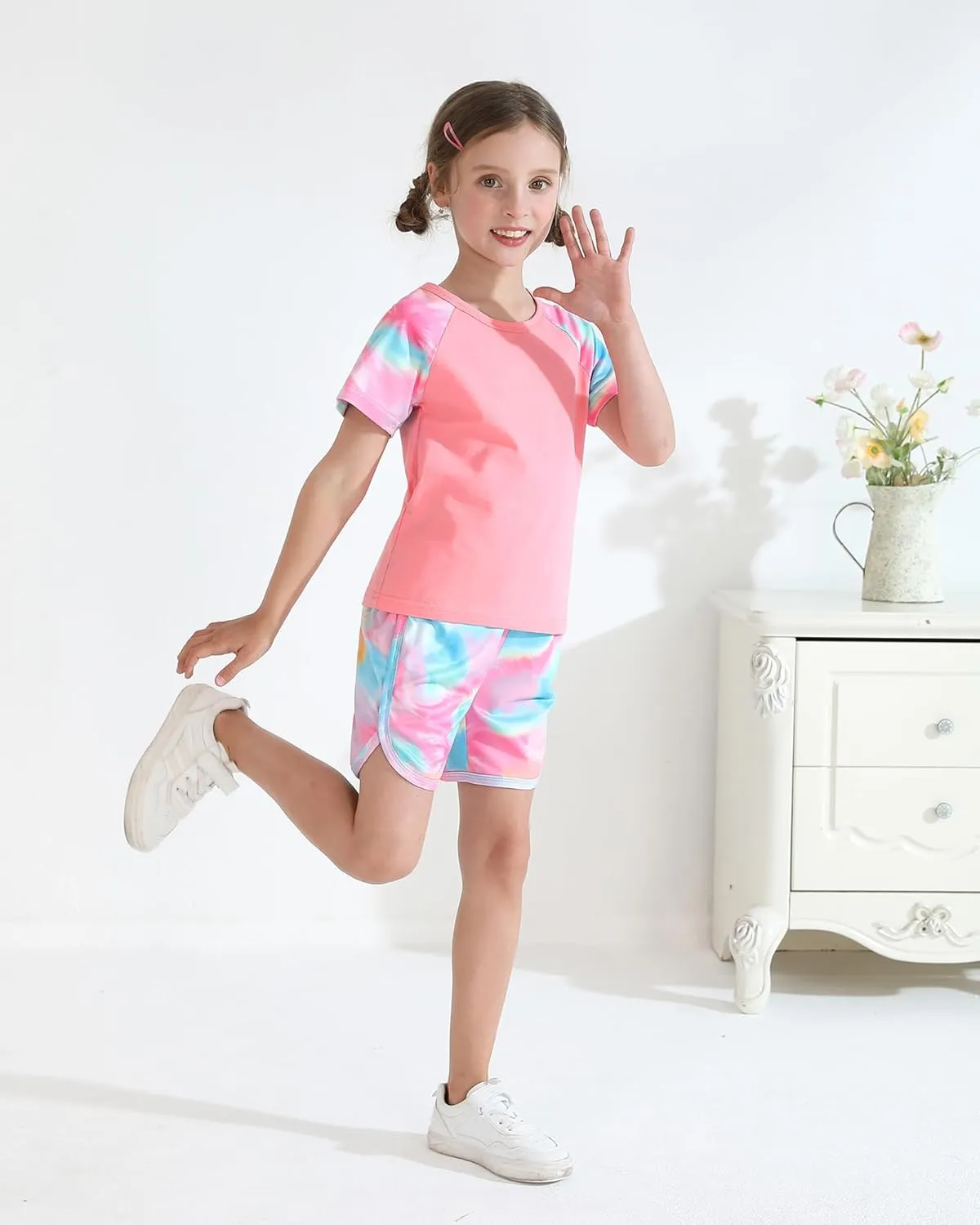 DISAUR Girls Summer Clothes 2 Piece Tie Dye Clothes for Girls T-Shirt and Shorts Set with Side Pockets 4-10 Years