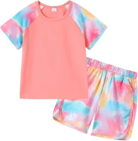 DISAUR Girls Summer Clothes 2 Piece Tie Dye Clothes for Girls T-Shirt and Shorts Set with Side Pockets 4-10 Years