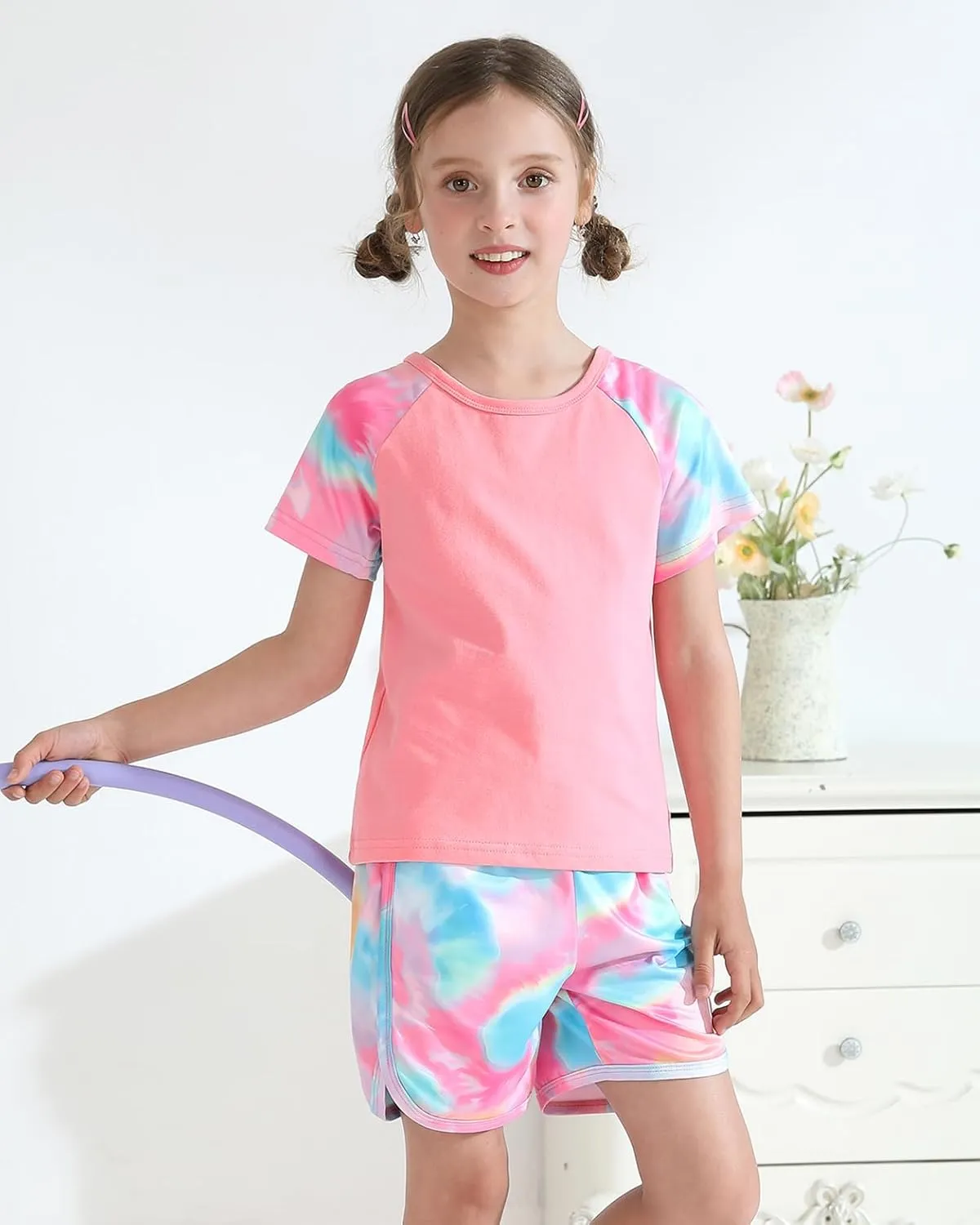DISAUR Girls Summer Clothes 2 Piece Tie Dye Clothes for Girls T-Shirt and Shorts Set with Side Pockets 4-10 Years