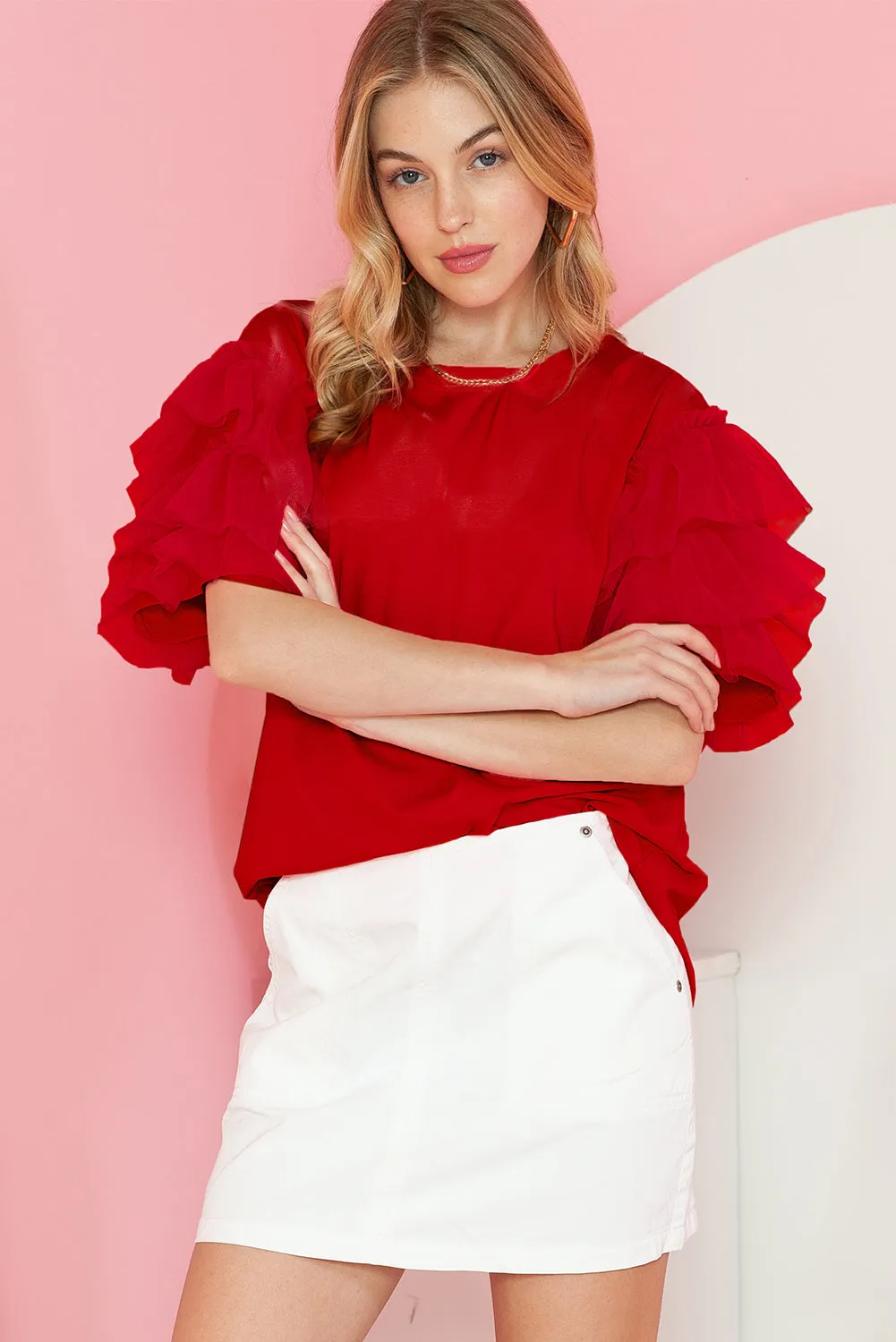 Fiery Red Plain Tulle Round Neck Ruffle Sleeve Blouse