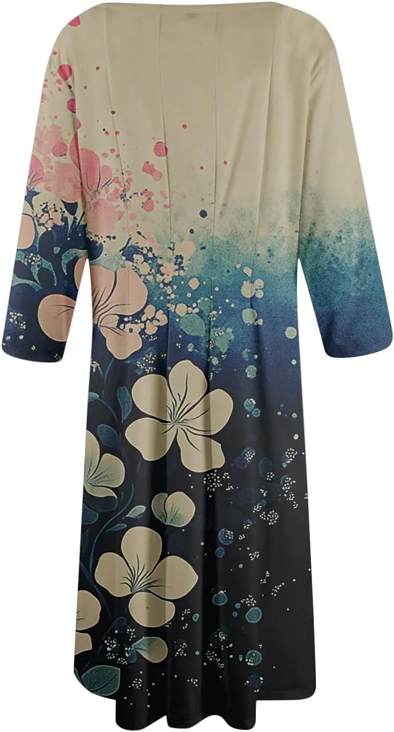 Fit and Flare Dress for Women Midi 3/4 Length Sleeve Dress Crewneck Dresses 2025 Casual Spring Dress
