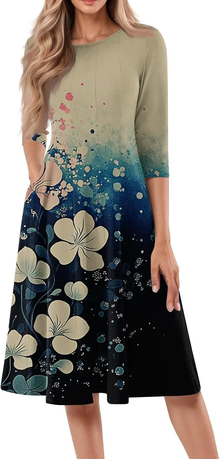 Fit and Flare Dress for Women Midi 3/4 Length Sleeve Dress Crewneck Dresses 2025 Casual Spring Dress