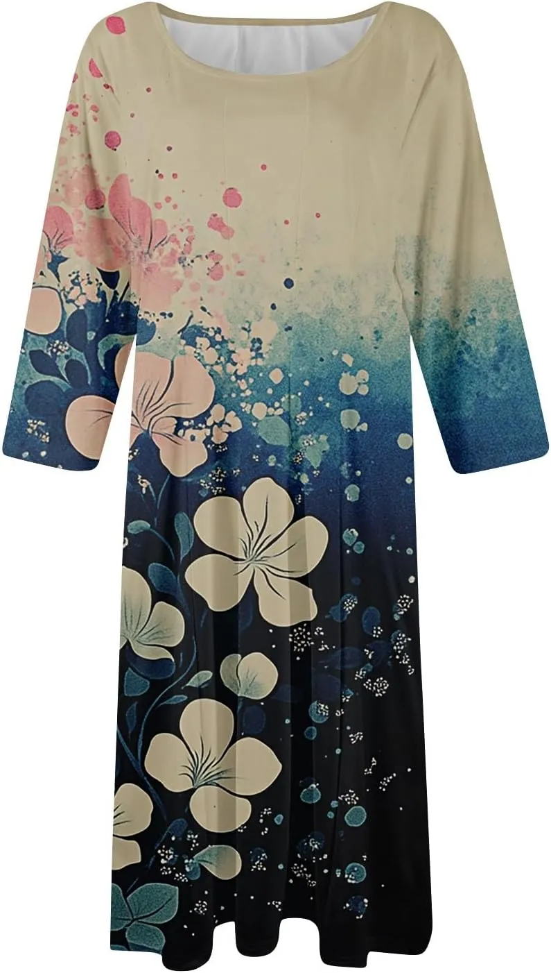 Fit and Flare Dress for Women Midi 3/4 Length Sleeve Dress Crewneck Dresses 2025 Casual Spring Dress