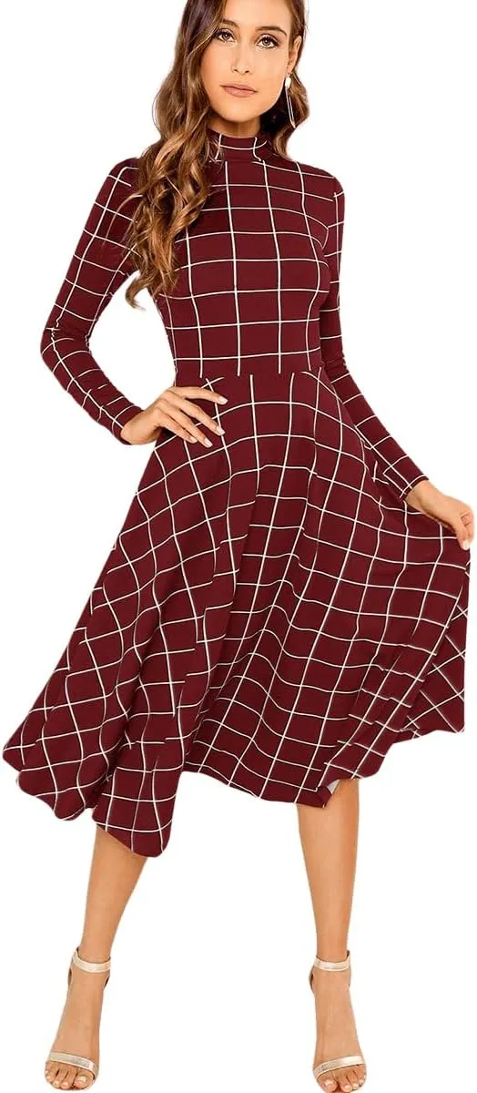 Floerns Women's High Neck Plaid Fit and Flare Midi Dress