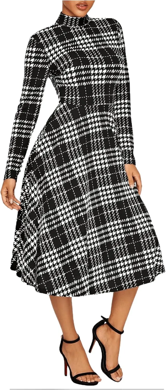 Floerns Women's High Neck Plaid Fit and Flare Midi Dress