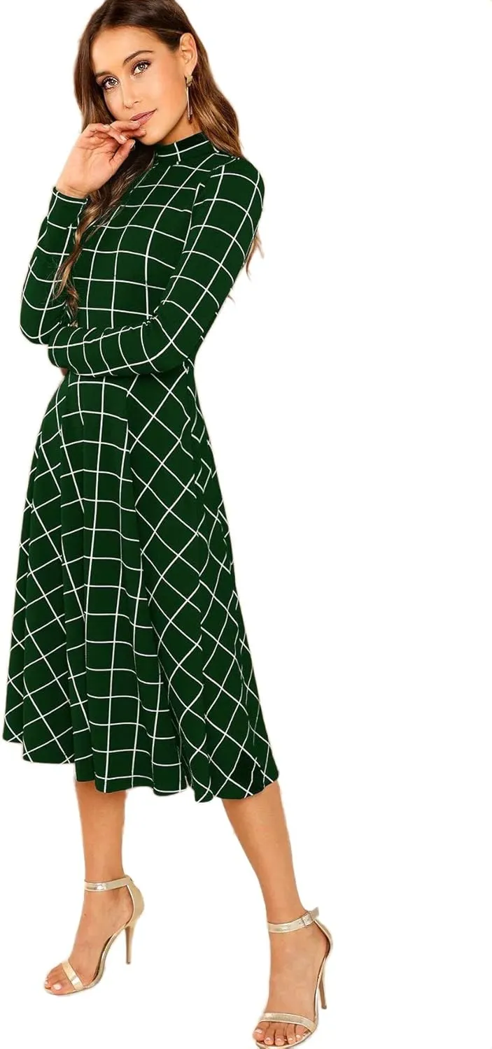 Floerns Women's High Neck Plaid Fit and Flare Midi Dress