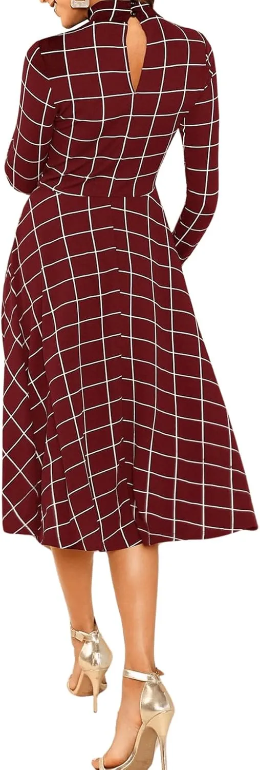 Floerns Women's High Neck Plaid Fit and Flare Midi Dress