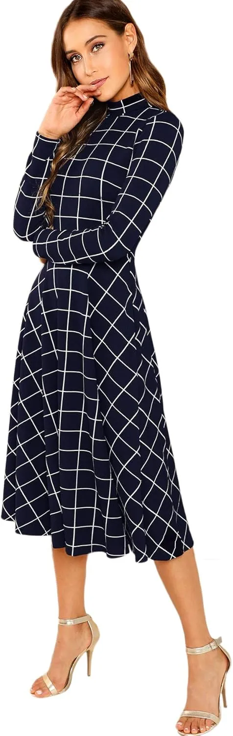 Floerns Women's High Neck Plaid Fit and Flare Midi Dress