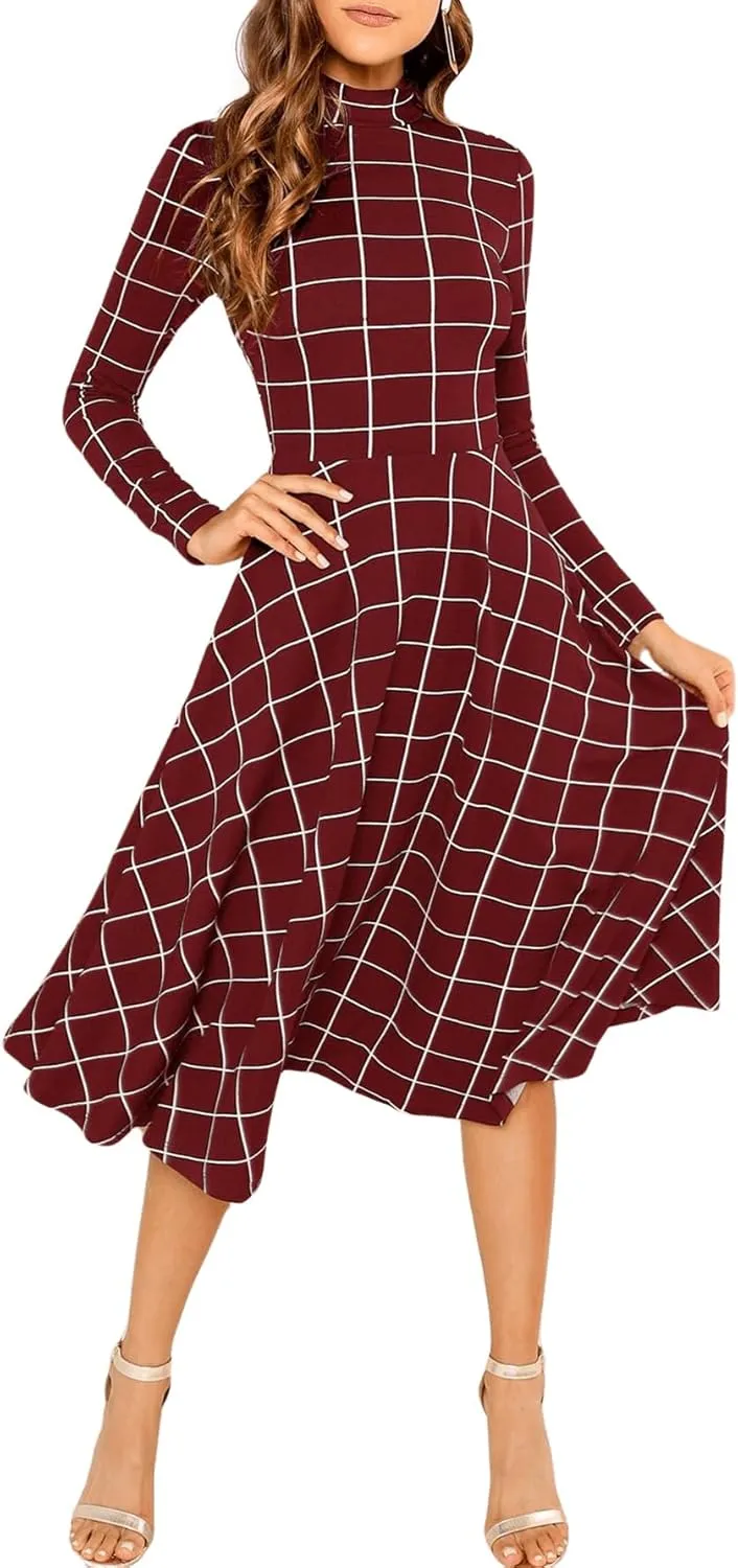 Floerns Women's High Neck Plaid Fit and Flare Midi Dress