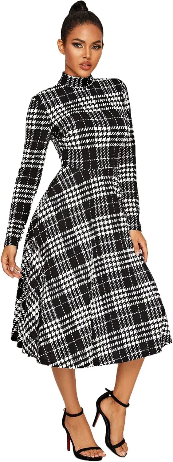 Floerns Women's High Neck Plaid Fit and Flare Midi Dress