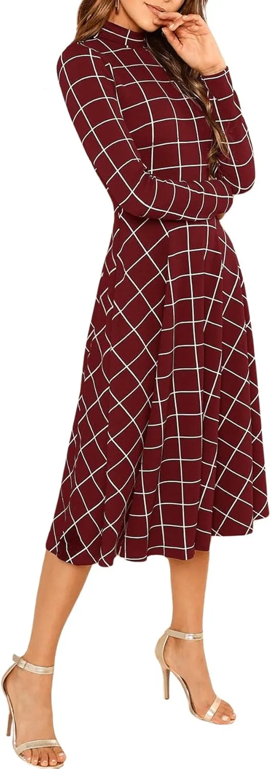 Floerns Women's High Neck Plaid Fit and Flare Midi Dress