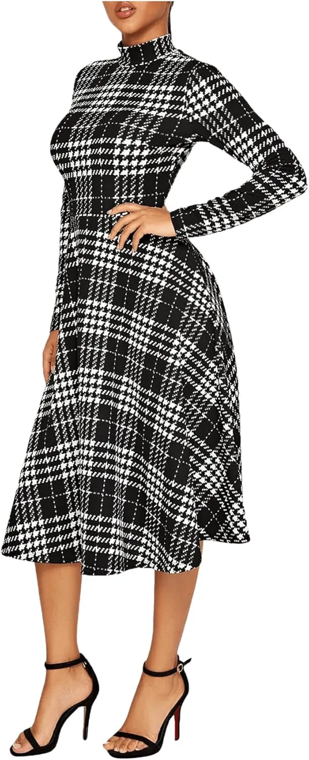 Floerns Women's High Neck Plaid Fit and Flare Midi Dress