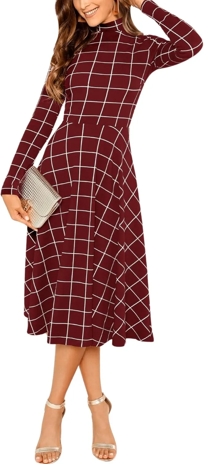 Floerns Women's High Neck Plaid Fit and Flare Midi Dress