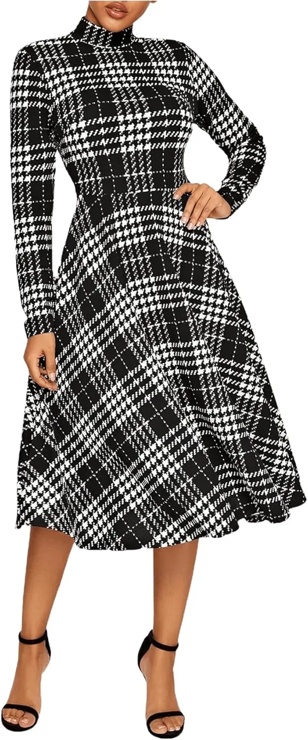 Floerns Women's High Neck Plaid Fit and Flare Midi Dress