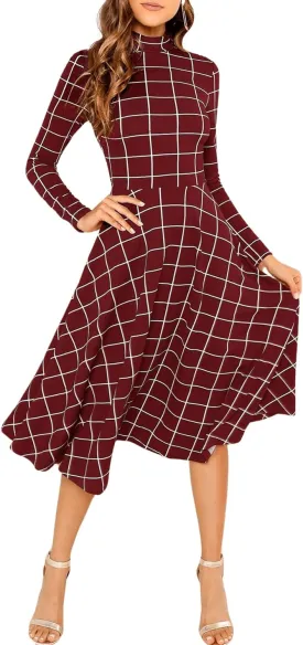 Floerns Women's High Neck Plaid Fit and Flare Midi Dress
