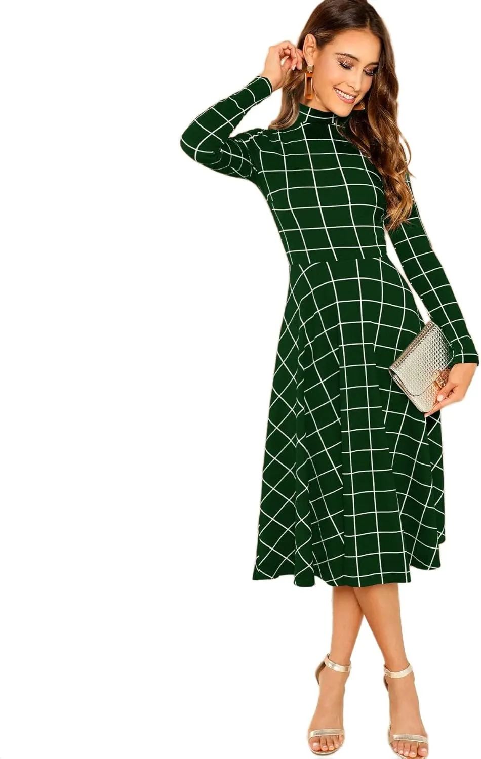 Floerns Women's High Neck Plaid Fit and Flare Midi Dress