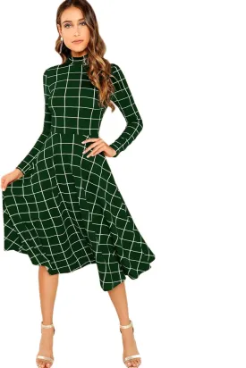 Floerns Women's High Neck Plaid Fit and Flare Midi Dress