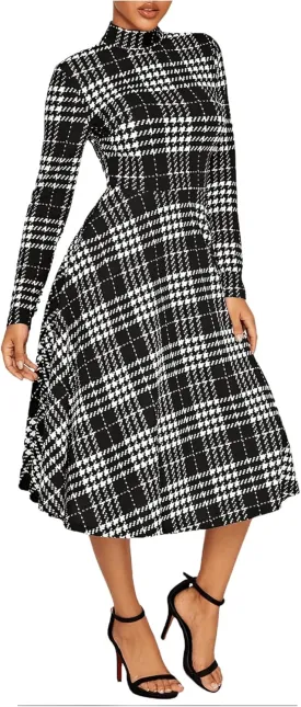 Floerns Women's High Neck Plaid Fit and Flare Midi Dress