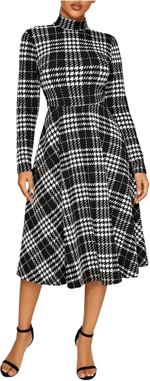 Floerns Women's High Neck Plaid Fit and Flare Midi Dress