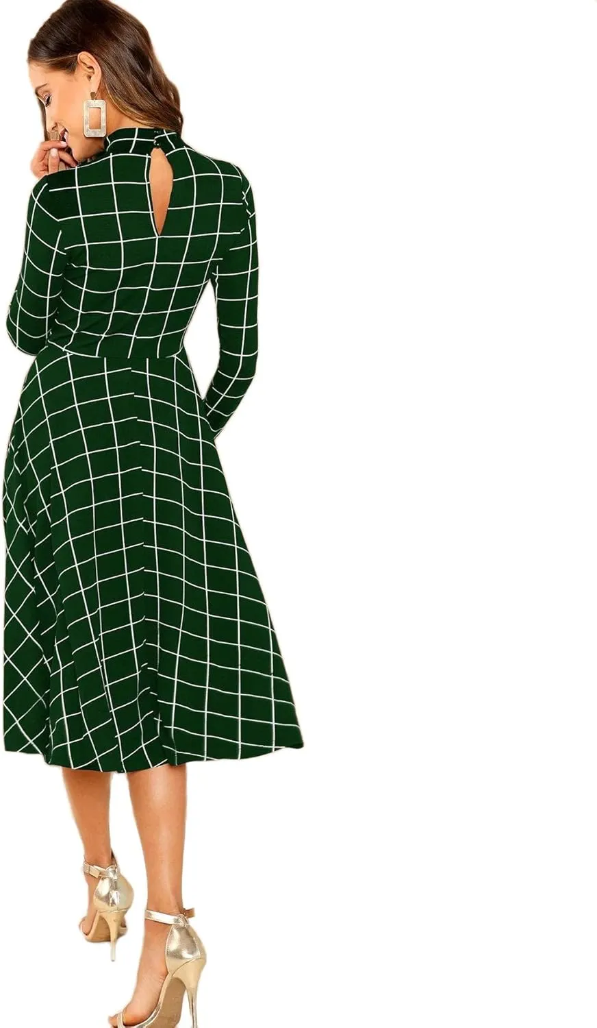 Floerns Women's High Neck Plaid Fit and Flare Midi Dress