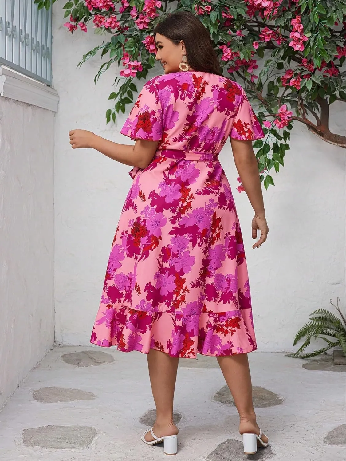 Floerns Women's Plus Size Boho Flutter Short Sleeve Ruffle Hem A Line Midi Dress