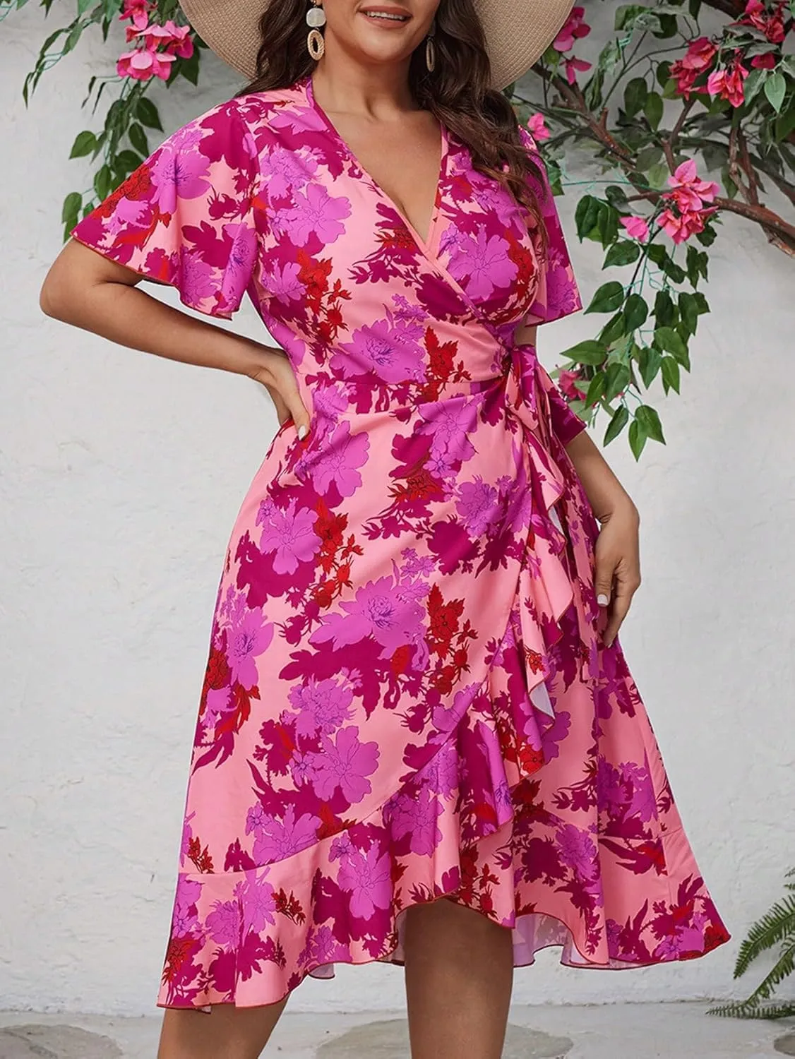 Floerns Women's Plus Size Boho Flutter Short Sleeve Ruffle Hem A Line Midi Dress