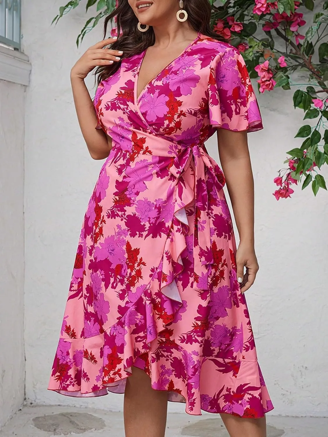 Floerns Women's Plus Size Boho Flutter Short Sleeve Ruffle Hem A Line Midi Dress