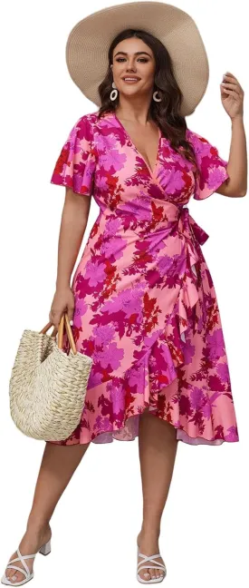 Floerns Women's Plus Size Boho Flutter Short Sleeve Ruffle Hem A Line Midi Dress