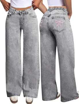 Girls Bow Jeans, Embroidered Cute Bow Baggy Y2k Barrel Jeans Low Rise Wide Leg Boyfriend Denim Pants for Women