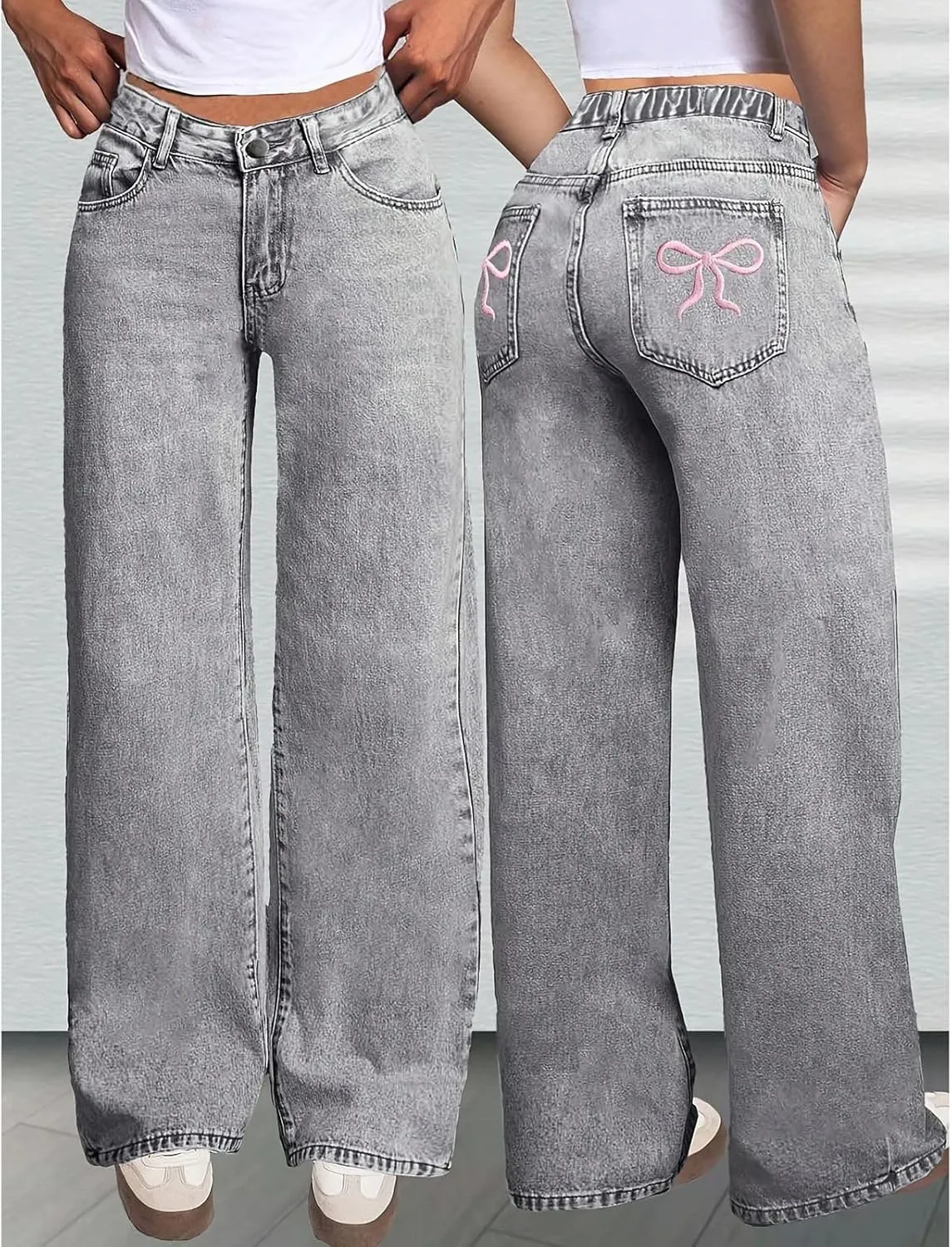 Girls Bow Jeans, Embroidered Cute Bow Baggy Y2k Barrel Jeans Low Rise Wide Leg Boyfriend Denim Pants for Women