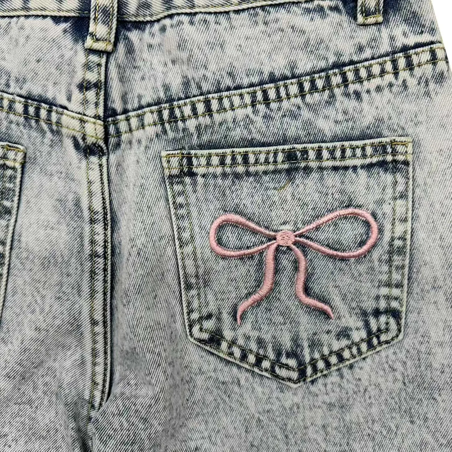 Girls Bow Jeans, Embroidered Cute Bow Baggy Y2k Barrel Jeans Low Rise Wide Leg Boyfriend Denim Pants for Women