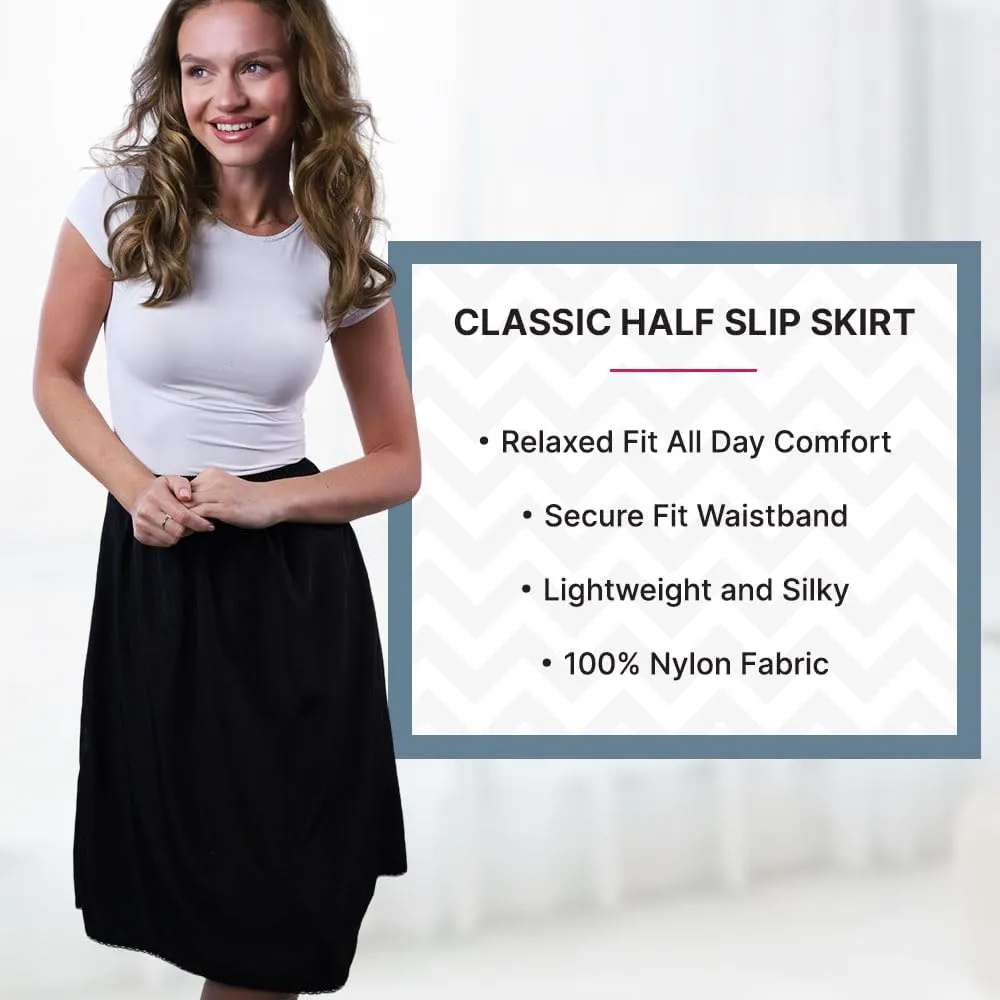 Half Slip For Women and Girls for Underdress- Non-Cling, Slight Flare Silky Nylon Underskirt - knee length, Lace Trim