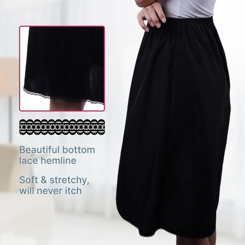 Half Slip For Women and Girls for Underdress- Non-Cling, Slight Flare Silky Nylon Underskirt - knee length, Lace Trim