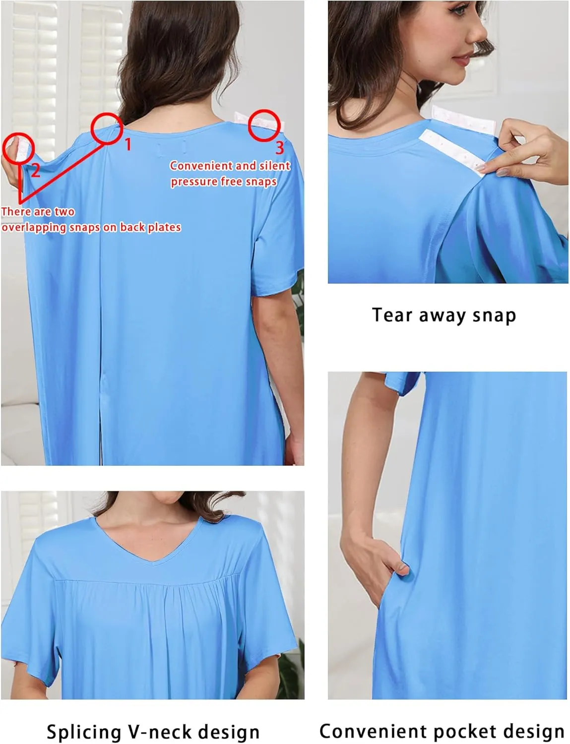 Hospital Gowns for Women Open Back Tear Away Snap Post shoulder Dress Short Sleeve Soft Adaptive Clothing with Pockets