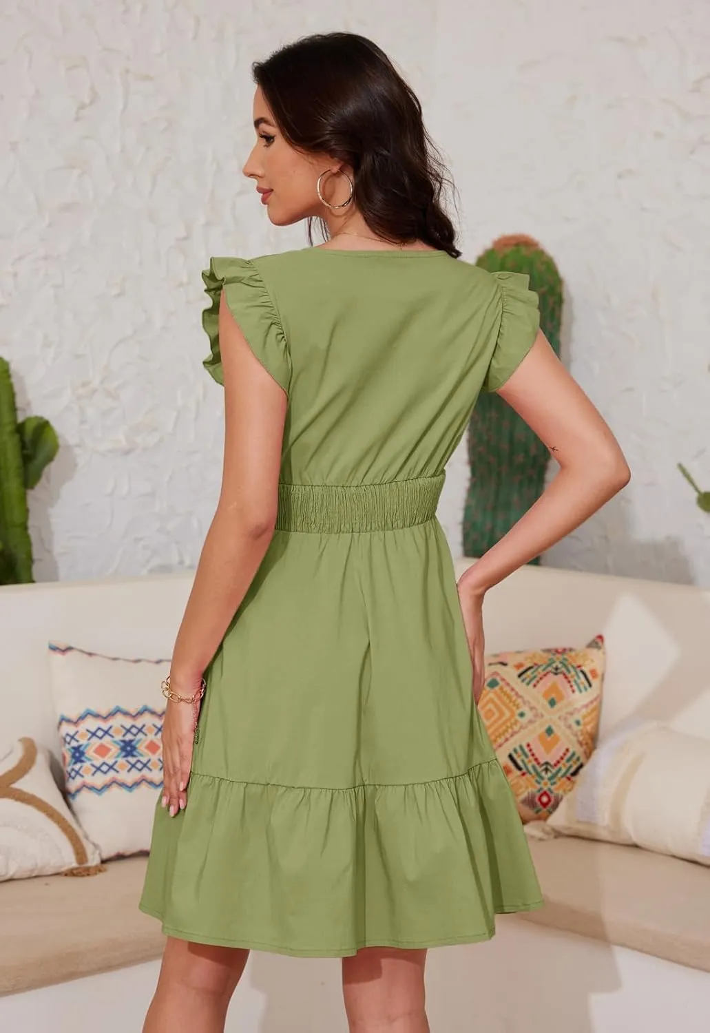 Jayscreate Women's Ruffle Sleeve Layered Dress Pockets Elastic Waist 2025 V Neck Above Knee Summer Casual Cute Dress