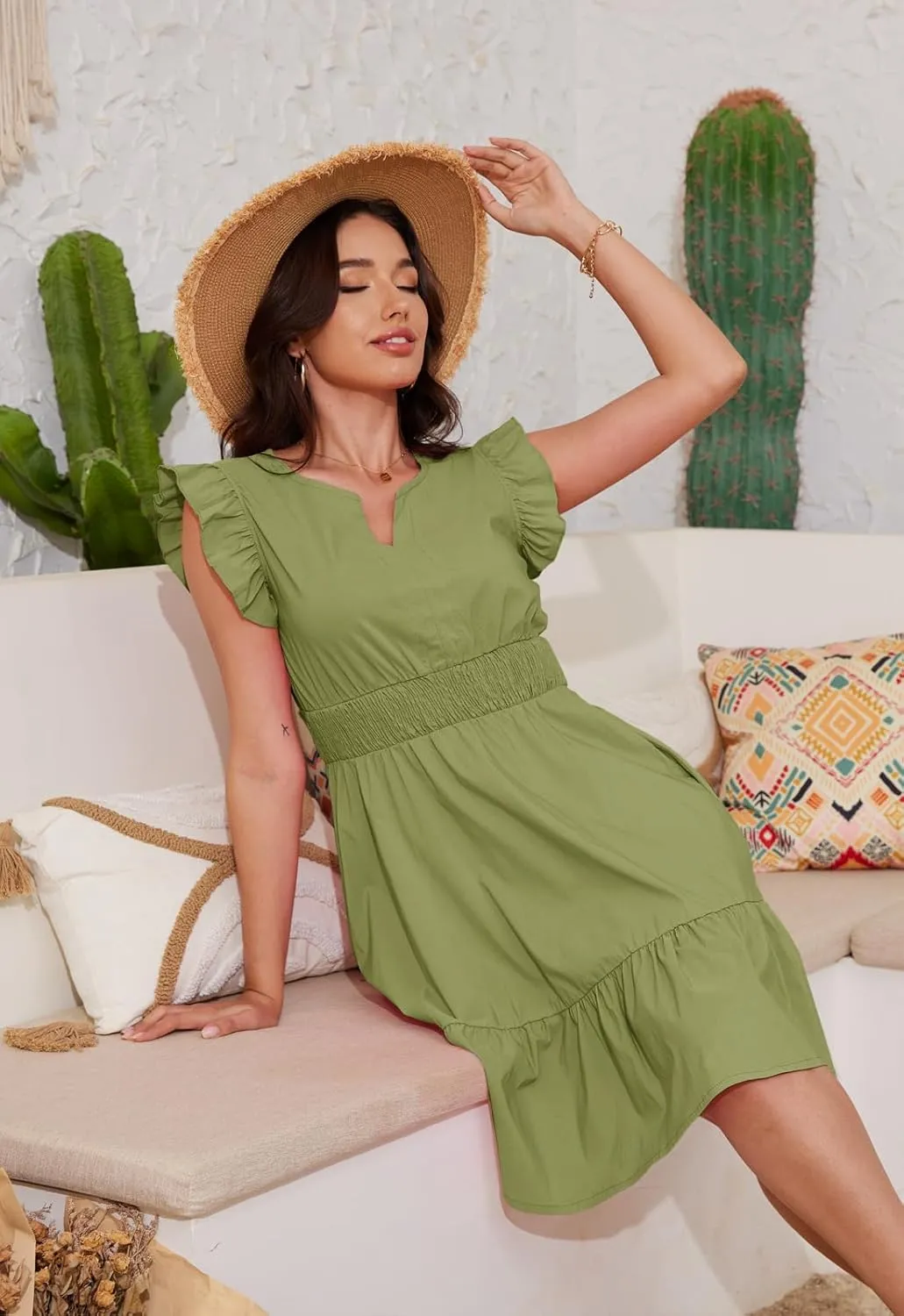 Jayscreate Women's Ruffle Sleeve Layered Dress Pockets Elastic Waist 2025 V Neck Above Knee Summer Casual Cute Dress