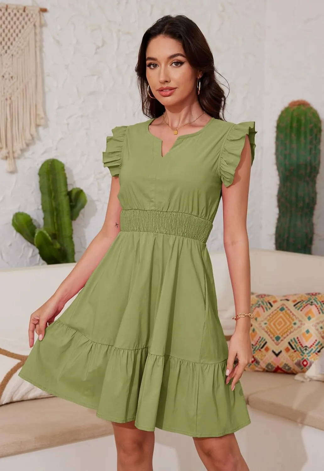 Jayscreate Women's Ruffle Sleeve Layered Dress Pockets Elastic Waist 2025 V Neck Above Knee Summer Casual Cute Dress