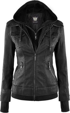 Lock and Love Women's Faux Leather Moto Biker Jacket Coat with Removable or Non-Removable Hood
