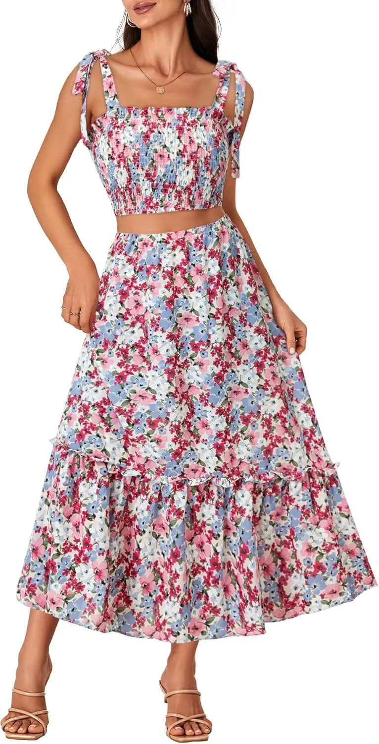 LYANER Women's Boho 2 Piece Outfits Floral Tie Shoulder Smocked Crop Top and Ruffle Beach Maxi Skirt Set