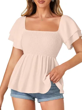 LYANER Womens Square Neck Smocked Peplum Top Ruffle Short Sleeve Babydoll Shirred Blouse