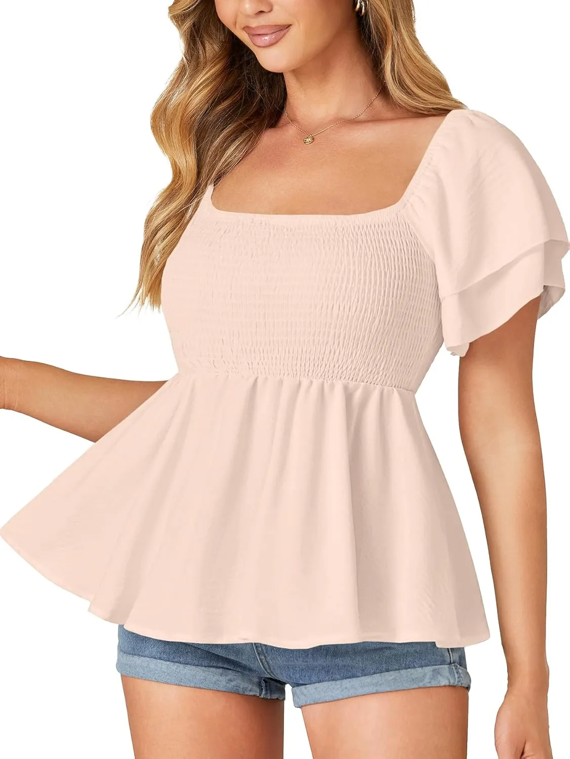 LYANER Womens Square Neck Smocked Peplum Top Ruffle Short Sleeve Babydoll Shirred Blouse