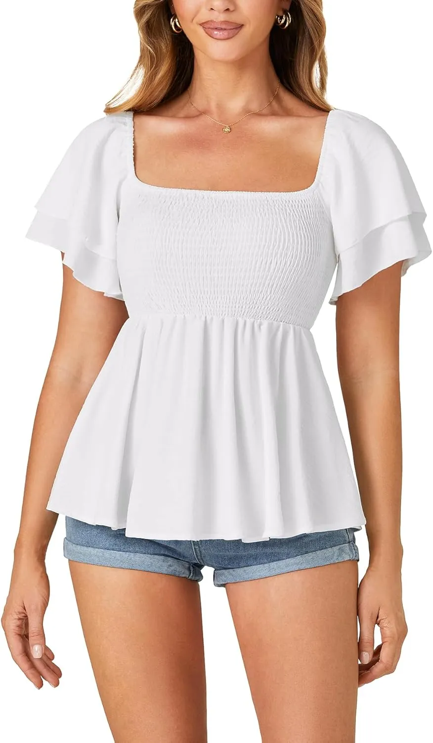LYANER Womens Square Neck Smocked Peplum Top Ruffle Short Sleeve Babydoll Shirred Blouse