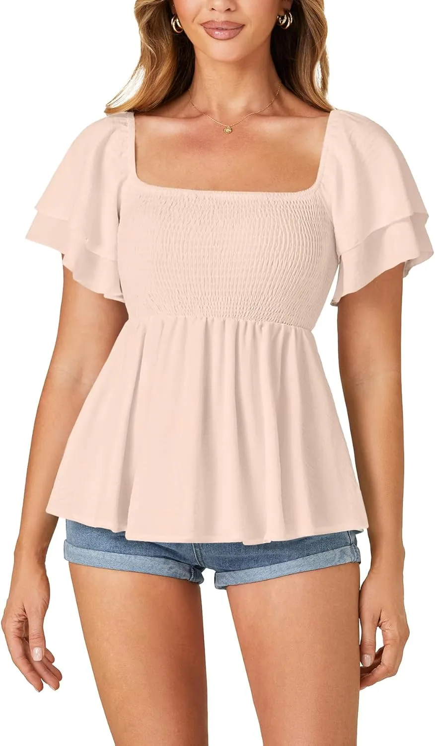 LYANER Womens Square Neck Smocked Peplum Top Ruffle Short Sleeve Babydoll Shirred Blouse